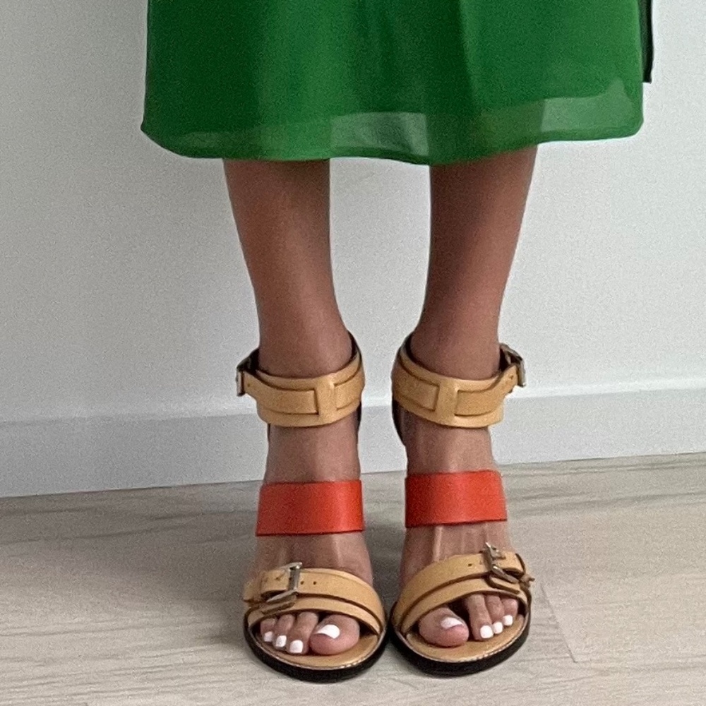 Rebecca Minkoff Sandal Heels in Cream and Tan with Silver Buckle Ankle Strap